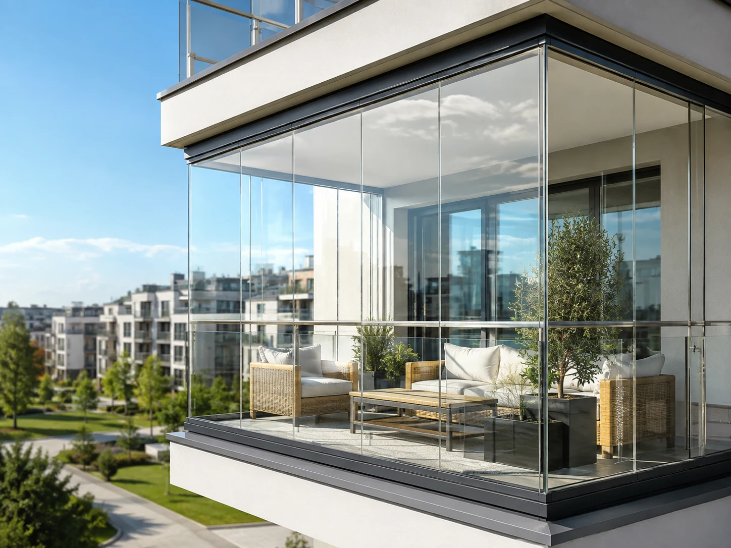 Modern bir yapıda cam balkon sistemi